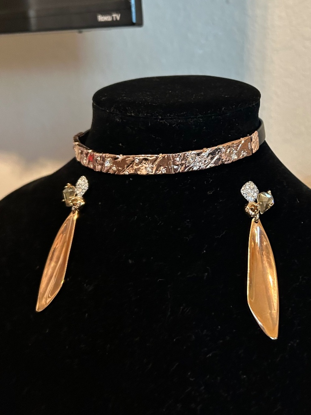 Alexis Bittar Leather & Crystal Choker & Lucite Drop Earrings Set (Rose Gold)